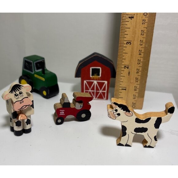 Handcrafted Wooden Farm Animal & Vehicle Figurine Set Tole Set of 7 - Picture 6 of 8